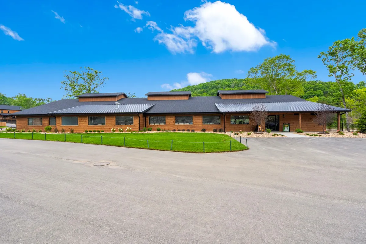A modern cabin with striking architecture sits atop a lush green lawn, framed by mature trees and a clear blue sky. The scene exudes calm and invites outdoor activities such as family gatherings and nature walks. The spacious lawn is perfect for pets to play and for owners to enjoy the scenic Ozark landscape.